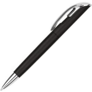 A black plastic pen with a shiny silver clip and tip. It has a sleek design and features a logo.