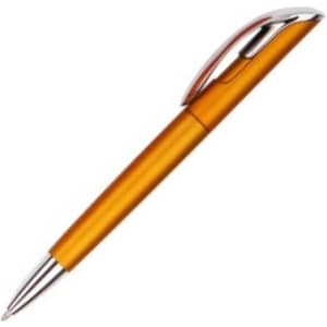 An orange plastic pen with a shiny silver clip and tip, featuring a sleek design.