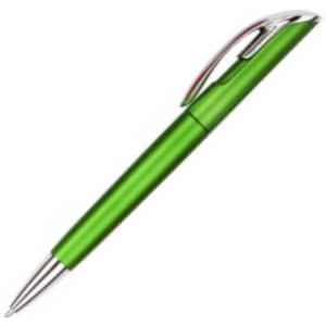 A green plastic pen with a chrome accent, featuring a sleek design and a clip for easy attachment.