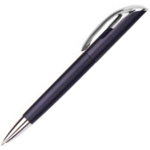 A plastic pen in a dark purple finish with a shiny silver clip. The pen has a sleek design and branding.
