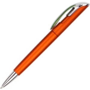 An orange plastic pen with a silver tip and a green clip. The pen features a logo on its body.