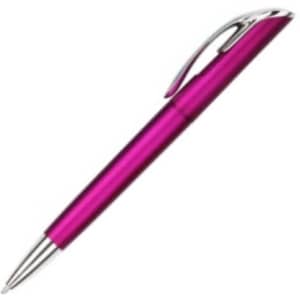 A plastic pen in a vibrant fuchsia colour with a chrome clip, featuring a logo on its body.