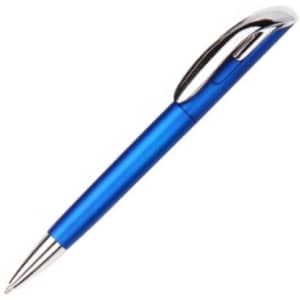 A blue plastic pen with a shiny silver clip and tip, featuring a simple design and a logo.