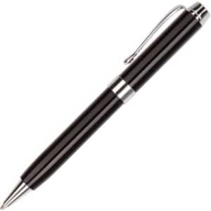 A black metal pen with a silver trim and a clip, featuring a sleek and elegant design.