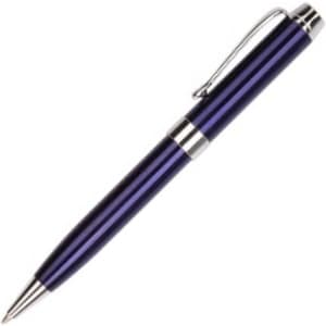 A purple metal pen with silver accents and a clip. It features a sleek, shiny finish.