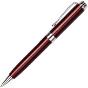 A metal pen with a sleek red and silver design, featuring a clip and a smooth finish.