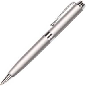 A metal pen in a sleek silver finish, featuring a clip and polished accents. It includes a logo on its surface.