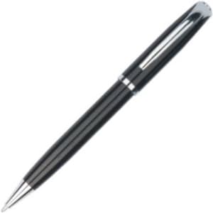 A sleek black metal pen with a shiny chrome accent and clip, featuring a logo.