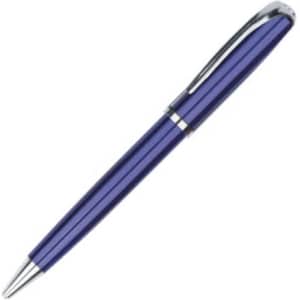 A purple metal pen with a shiny silver trim and a sleek design. It features a logo on the surface.