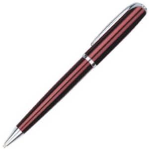 A metal pen in deep red and black with a silver clip and trim, featuring a logo.