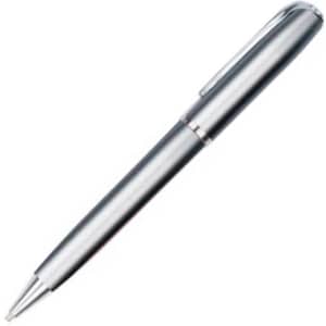 A metal pen in a sleek silver finish with a clip and a smooth tip. It features a logo on its body.