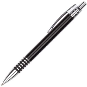 A metal pen in black with silver accents, featuring a stylish design and a logo.
