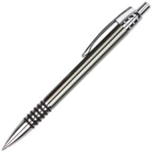 A metal pen in silver with a sleek design and a textured grip. It features a clip and a chrome tip.