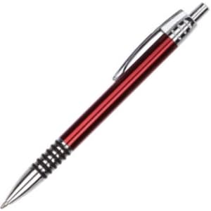 A metal pen in red with chrome accents and a textured grip, featuring a clip and a logo.