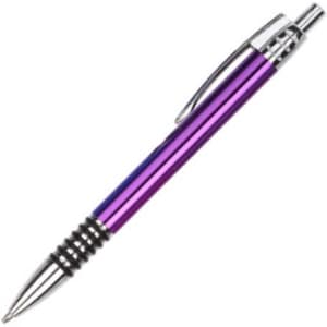 A purple and silver metal pen with a sleek design and a clip on the side. It features grooved grip for comfort.