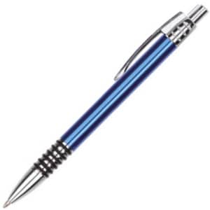 A blue metal pen with a chrome clip and grip mechanism, featuring a polished finish and a branding logo.
