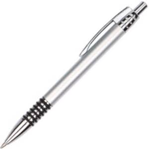 A metal pen in silver with a black grip and chrome accents, featuring a logo on its body.