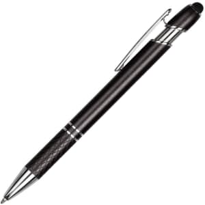 A metal pen in black with a textured grip and silver accents, featuring a branding logo.
