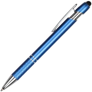 A blue aluminum pen with a textured grip, featuring a silver clip and a stylus tip.