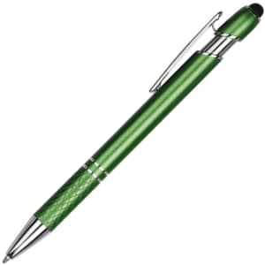 A green metal pen with a textured grip and chrome accents, featuring a clip and a stylus tip.