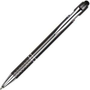 A metal pen in a sleek grey aluminium design with a textured grip and a clip, featuring a logo.