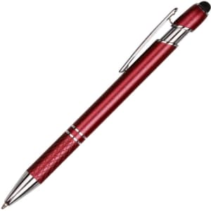 A red aluminium stylus pen with a textured grip and a silver clip and accents. It features a stylus tip.