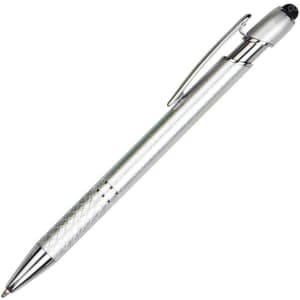 A silver aluminium pen with a textured grip and chrome accents, featuring a clip for easy attachment.