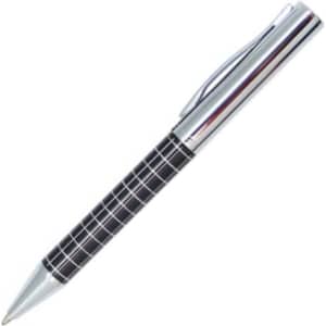 A metal pen with a black textured grip and a shiny silver clip, featuring a logo on the barrel.