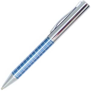 A metal pen with a blue grid pattern and a shiny silver clip. It features a branding logo on the barrel.