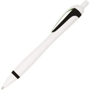 A plastic pen in white and black with a sleek design and a clip, featuring a logo on the barrel.