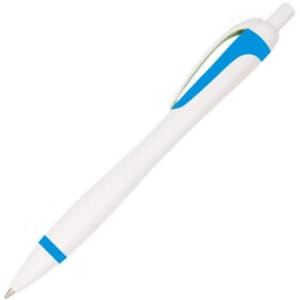 A plastic pen featuring a white body with blue accents and a clear window. The pen has a sleek design and a logo.