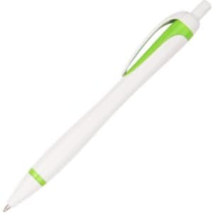 A plastic pen featuring a white body with lime green accents and a clip. It has a sleek design and a logo.