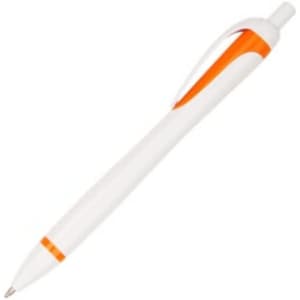 A plastic pen featuring a white body with orange accents and a clip, including a logo.