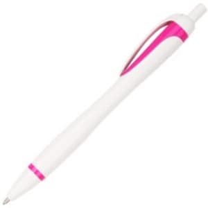 A plastic pen in white with pink accents and a grip, featuring a logo on the side.