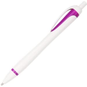 A plastic pen in white with purple accents, featuring a clip and a removable cap.
