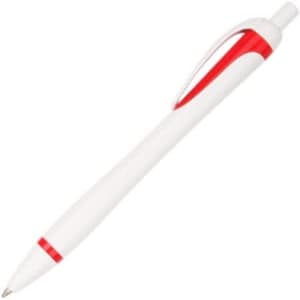A plastic pen featuring a white body with red accents and a clip, designed for writing.