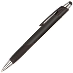A black stylus pen with a shiny silver tip and clip, featuring a textured grip and logo.
