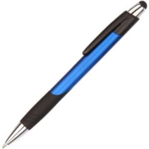 A stylus pen with a blue barrel and black grip, featuring a silver clip and tip. It has a logo on the side.