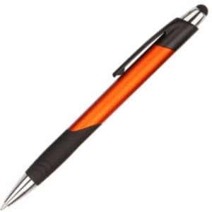 An orange and black stylus pen with a shiny finish and a black grip. It has a logo on the barrel.