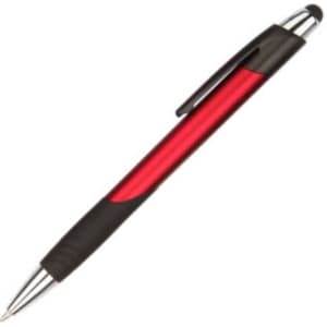 A red and black stylus pen with a shiny chrome tip and grip. It features a logo on its design.