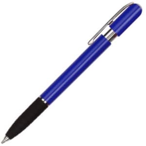 A blue plastic pen with a black grip and a silver clip. The pen features a sleek design and has a logo.