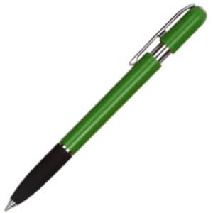 A green plastic pen with a black grip and a silver clip. The pen is designed for writing.