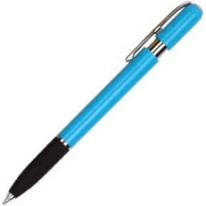 A blue plastic pen with a black grip and a silver clip. It features a logo on the barrel.