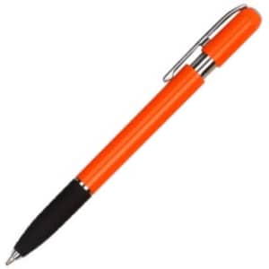 An orange plastic pen with a black grip and a metal clip. The pen features a simple, sleek design.
