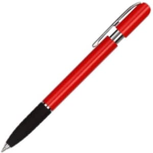 A red plastic pen with a black grip and silver accents, featuring a clip for easy attachment.