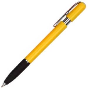 A plastic pen with a yellow barrel and a black grip, featuring a metal clip.