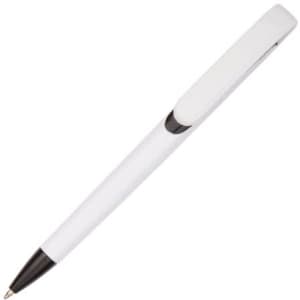 A plastic pen in white with a black clip, featuring a logo on the barrel.