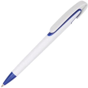 A plastic pen with a white body and blue accents, featuring a clip and a ballpoint tip. It has a logo on it.