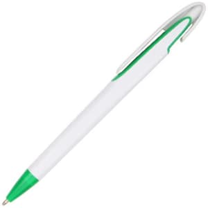A plastic pen with a white barrel and green accents, featuring a clip for easy attachment.