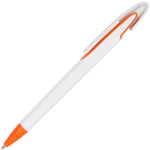 A plastic pen featuring a white body and orange accents, with a clip and a logo.